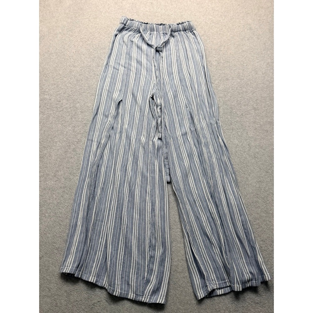 Angie Blue White Striped Wide Leg Split Pants Elastic Waist Tie Belt Womens M